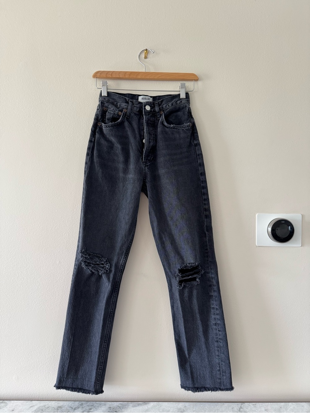 AGOLDE 90s pinch waist: Black Distressed High-Rise Straight Jeans